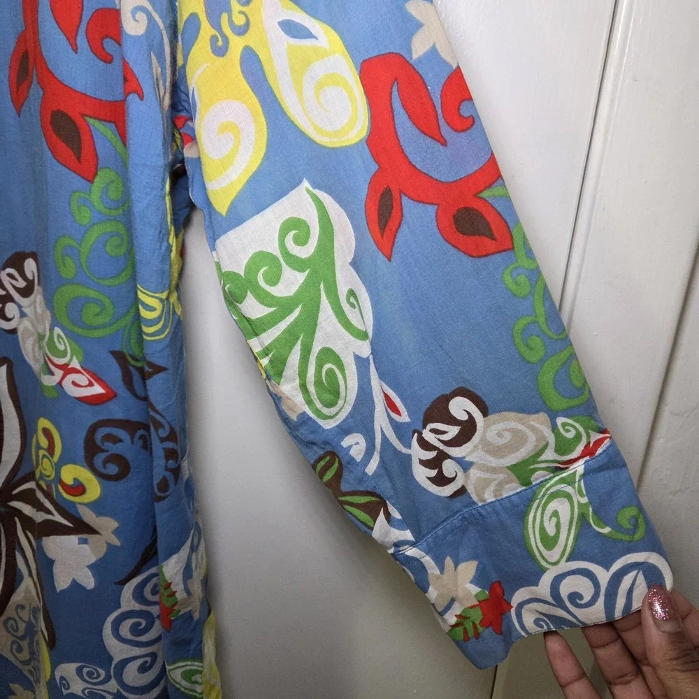 Chico's Floral Button Up‎ Tunic Top Women's Size 2 (Large) Blue Long Sleeve - Picture 3 of 7